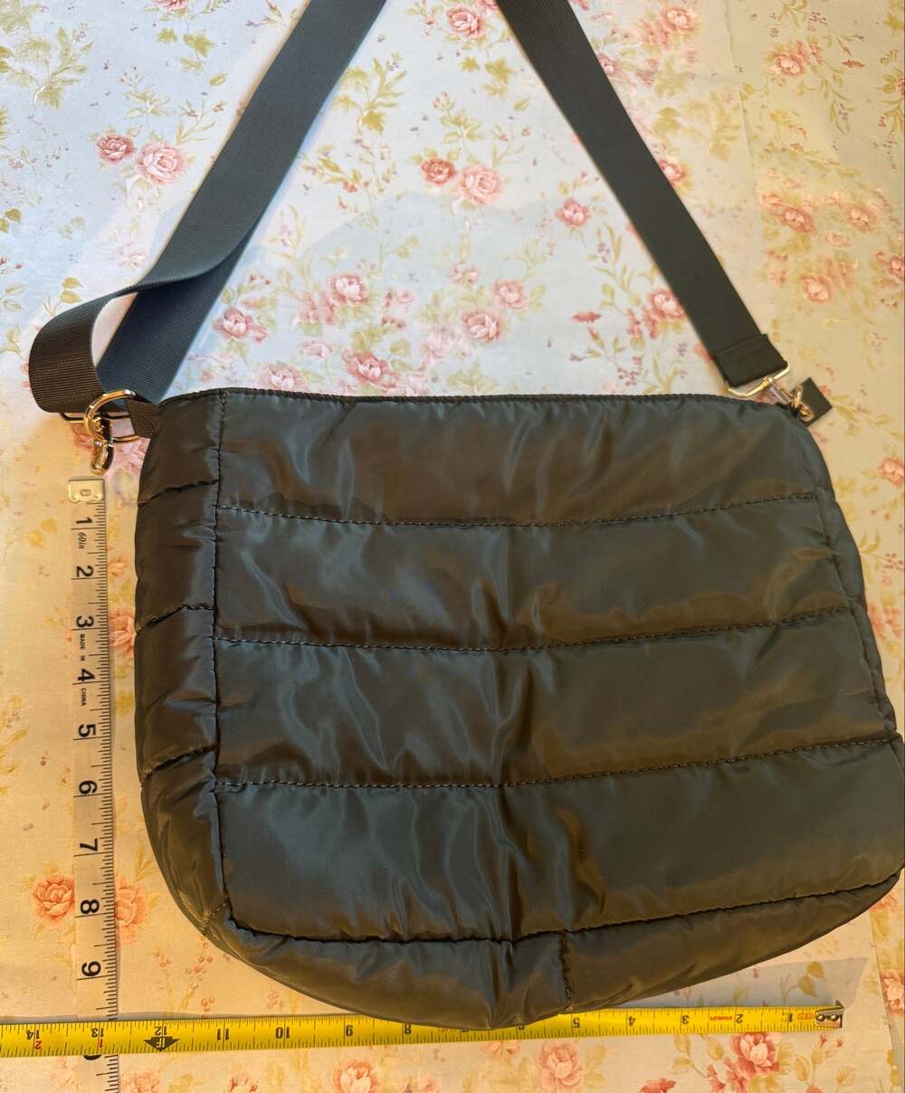 Olive Green Quilted Puffer Crossbody Bag Wide Adjustable Strap Gold Hardware